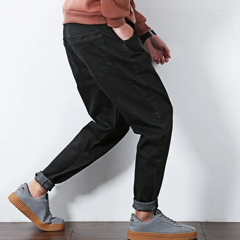 jersey harem pants Winter New Mens Fleece Lining Jean Pants Plus Size Mens Black Cotton Harem Pants Male Casual Loose Fit Denim Pants M-6XL linen harem pants