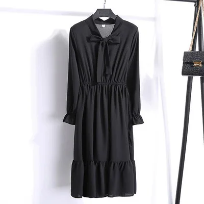 Миди Цветочное платье с длинным рукавом Женская Корейская черная рубашка Vestidos офисная в горошек винтажное осеннее платье женское зимнее платье - Цвет: black