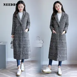 NEEDBO 2019 весенне-осеннее Женское шерстяное пальто в клетку модное длинное шерстяное пальто тонкий тип женские зимние шерстяные куртки