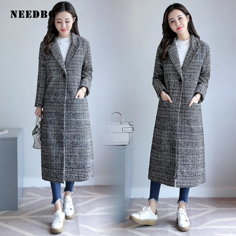 

NEEDBO 2019 Spring Autumn Women's Wool Plaid Coat Fashion Long Woolen Long Coat Slim Type Female Winter Wool Jackets Outwear