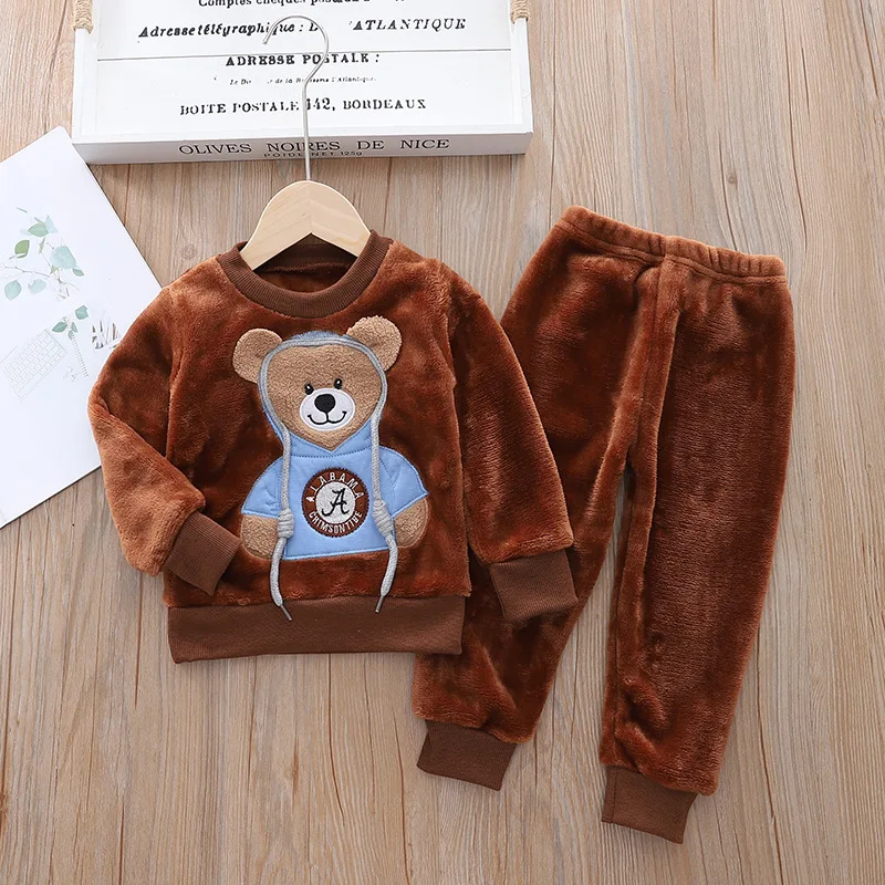 Baby boy clothes autumn and winter pure cotton thick warm casual hooded sweater cartoon cute bear three-piece baby girl suit
