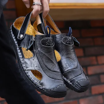 

Genuine Leather Sandals Men Outdoor Beach Sandals Comfortable Fashion Mens Breathable Rubber Flip Flops Shoes Large Sizes 38-48