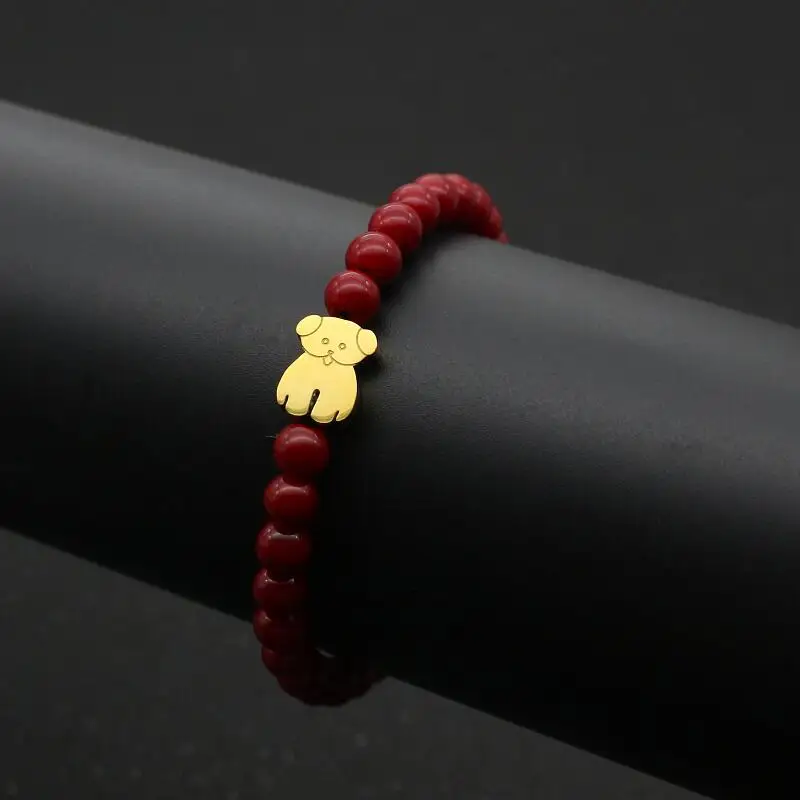 Милая Подвеска Медведь браслеты для женщин Изящная нержавеющая сталь медведь 6 мм натуральный камень браслет для мужчин ювелирные изделия влюбленных дружеский подарок - Окраска металла: 6mm Red and gold
