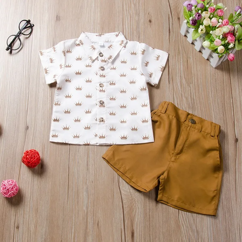 

Fashion Kids Clothes Set Children Set Two Piece Short-Sleeve Shirt Shorts Boys Casual Crown Print Shirt And Pants For Kids
