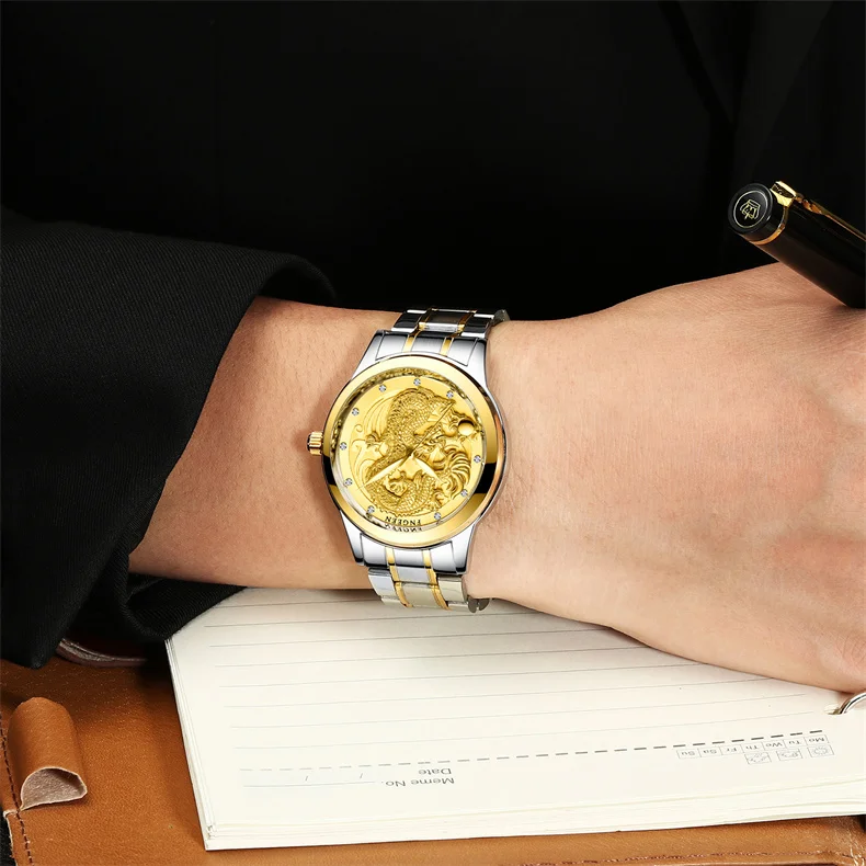 New Golden Mens Watches Top Brand Luxury Chinese Dragon Quartz Watch Business Stainless Steel Clock Male Relogio Masculino S666