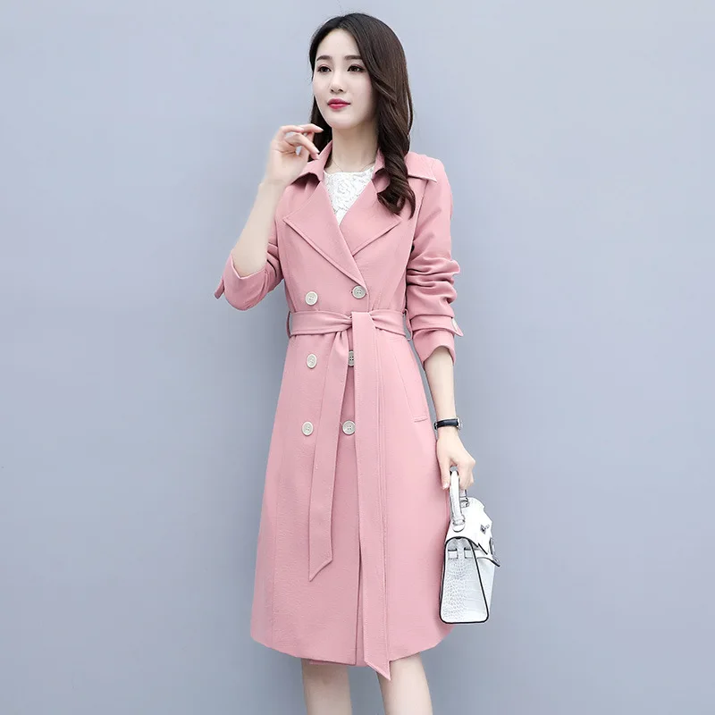 

2019 Spring And Autumn Solid Color Suit Collar Single Breasted Simple Fashion Mid-length Slim Fit Slimming Trench Coat Women's