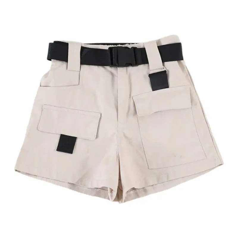 Apricot Women Summer High Waist Mini Cargo Shorts Quick Release Buckle Belt Casual Wide Leg Loose Shorts With Pockets Hip Hop Streetwear - Цвет: Apricot