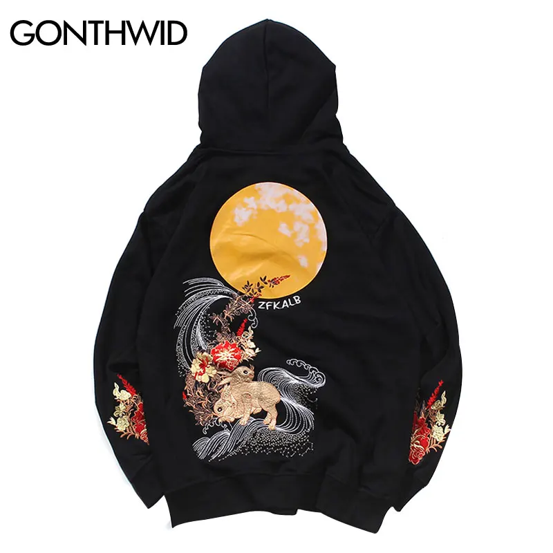 

GONTHWID Embroidery Animal Flowers Rabbits Print Hooded Sweatshirts Harajuku Fashion Pullover Hoodies Hip Hop Casual Streetwear