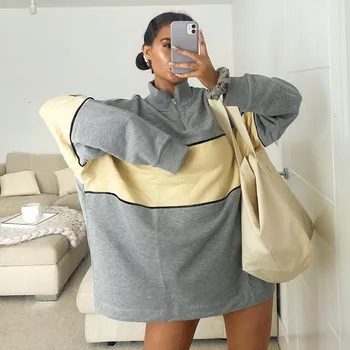 

SEASONS Patchwork Oversized Zipper Sweatshirt Autumn Winter Women Streetwear Pullover Hoodies High Neck Loose Long Top ASHO81561
