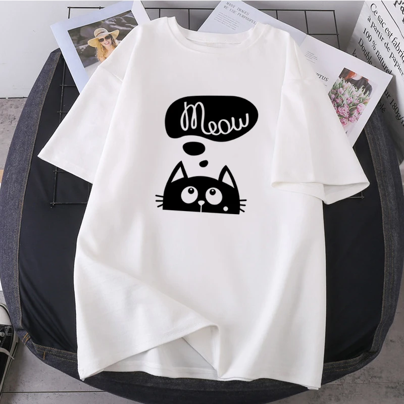 Fashion Shorts Sleeve Tops Tees Hip Hop Meow Funny Cat Camisetas O-neck Lady Clothes K-pop Shirts Casual Leisure Female T-shirts | Женская