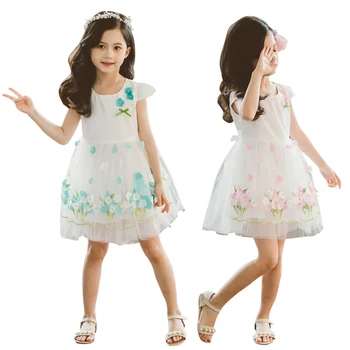 

3d flowers tulle gowns age for 4 - 14 years teenage girls graduation party children clothes kids frocks lace short sleeve dress