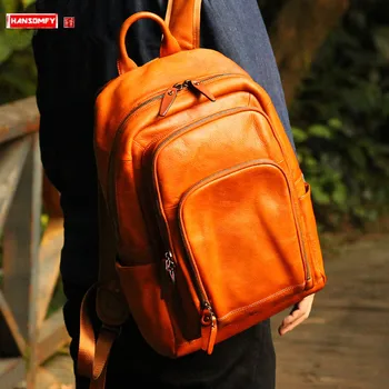 

Leather Men's Backpack Men Casual School Bag Large Capacity Vegetable Tanned Leather Bag Laptop Backpack Cowhide Travel Backpack
