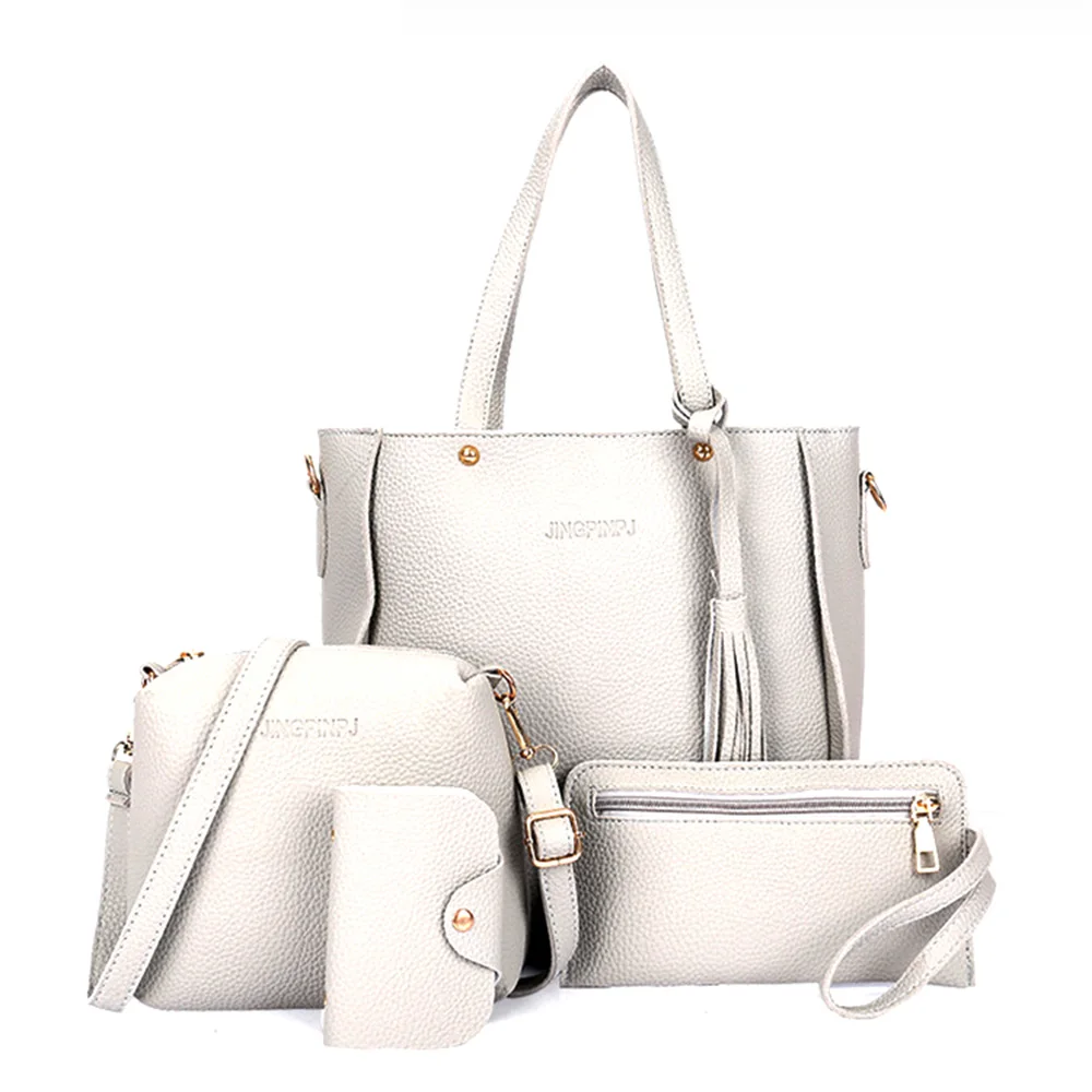 4pcs/set Women Bags Large Capacity Cosmetic Bag Set Tassel Handbag Fashion Shoulder Bag Purse Ladies Crossbody Bags - Цвет: Серый
