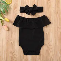 Pudcoco Newborn Baby Girl Clothes Off shoulder Romper Headband 2PCS Outfit Black Lace Romper Jumpsuit 2