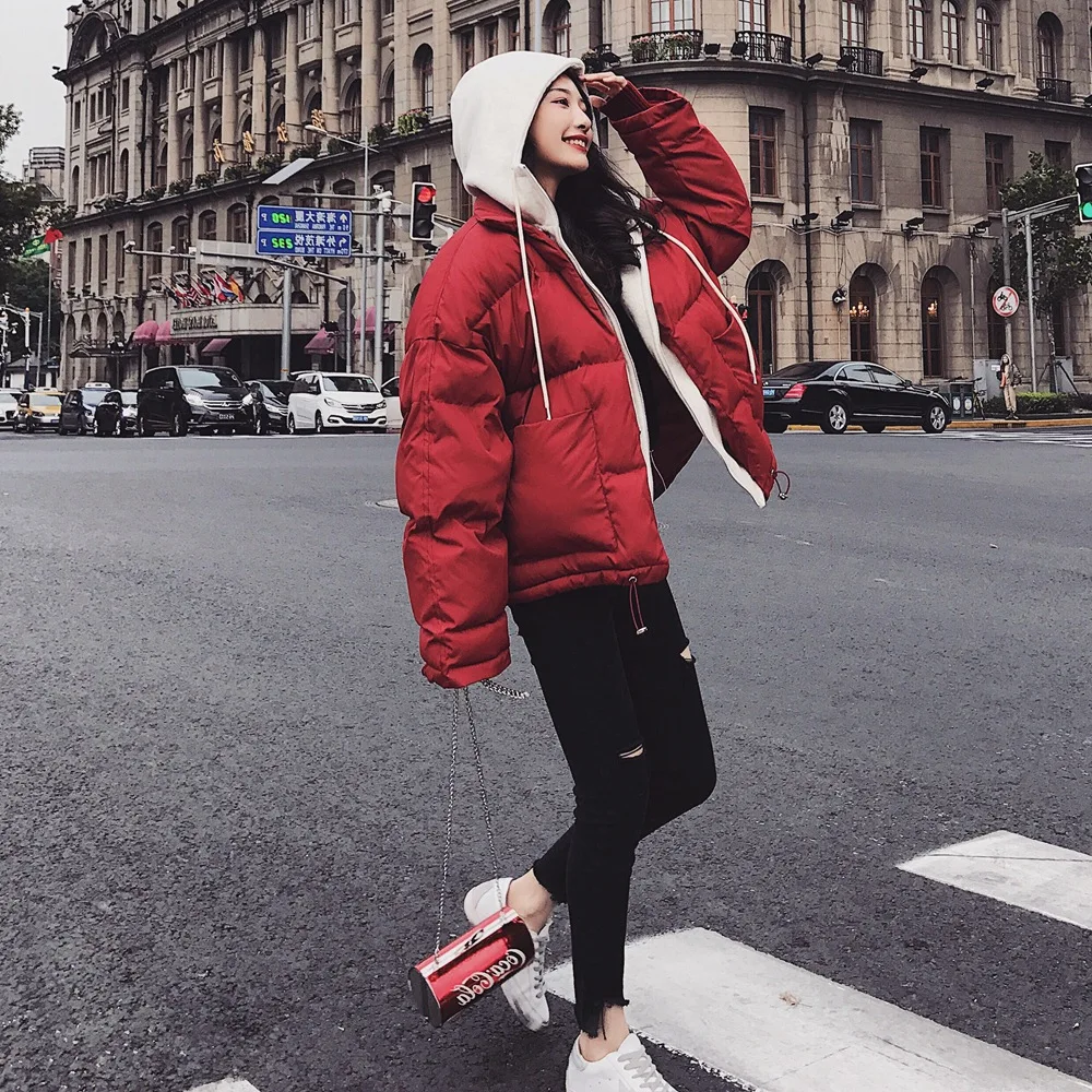 

Photo Shoot 2018 Winter New Style Fashion CHIC-Style Mock Two-Piece Short Hooded Baseball Uniform Cotton Coat Women Coat