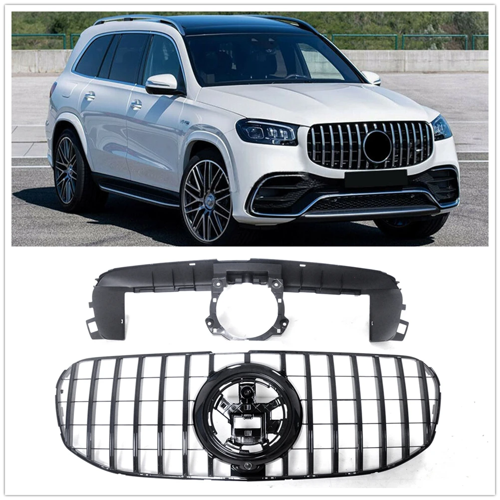 

For Mercedes Benz X167 GLS-Class 2020-2024 GLS450 GLS580 GT Black/Silver Grill Front Grille Car Upper Bumper Hood Mesh W/ Holder