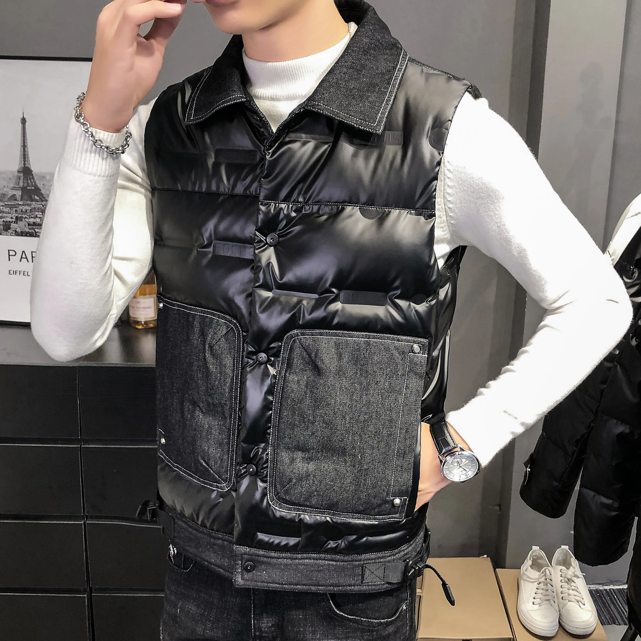 

Korean Down Vest Men Winter Fashion Casual Sleeveless Jacket Men's Slim Thick Warm Big Pocket Waistcoat Youth Clothes