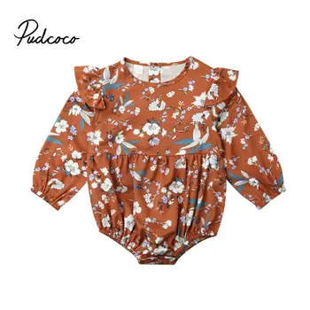 

pudcoco Newborn Baby Girls Flowers Bodysuit Long Sleeve O-Neck Jumpsuit Sunsuit Ruffle Brown Outfits Clothes Size 0-24M