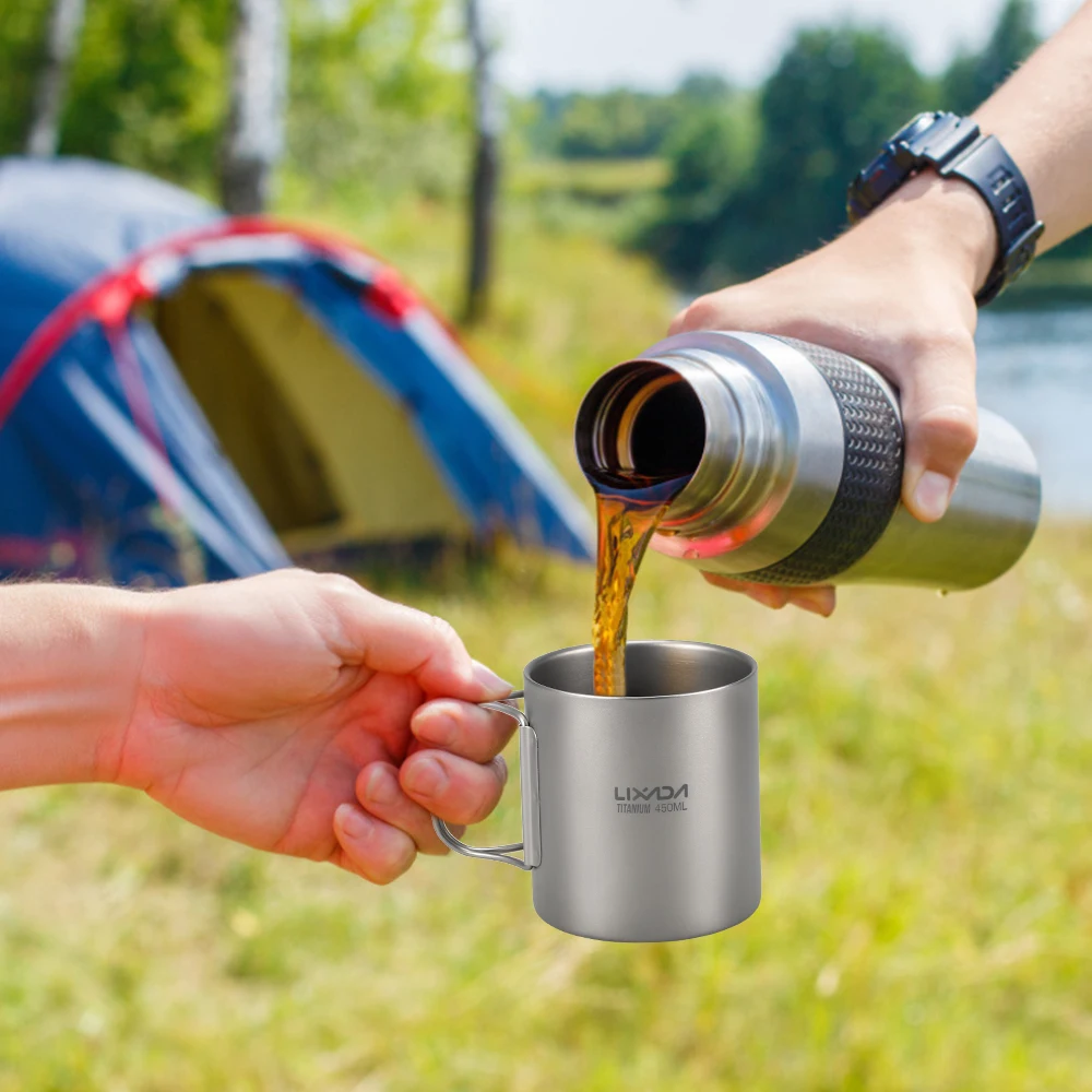 Lixada Titanium Doublet Wall Tea Cup Tableware Outdoor Camping Picnic Cup Water Coffee Tea Cup Mug Foldable Handle 220ml/450ml