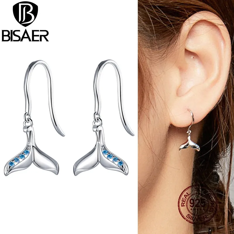 BISAER Mermaid Tail Drop Earrings 925 Sterling Silver Blue Zircon Fish For Women Wedding Jewelry EFE407 | Украшения и аксессуары