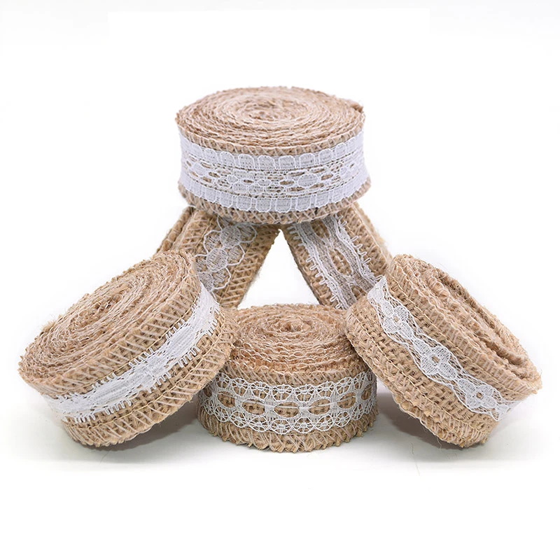 2M*2.5CM Natural Jute Burlap Lace Rolls Hessian Ribbon With White Lace for Vintage Wedding Decoration DIY Handmade Gift Wrapping