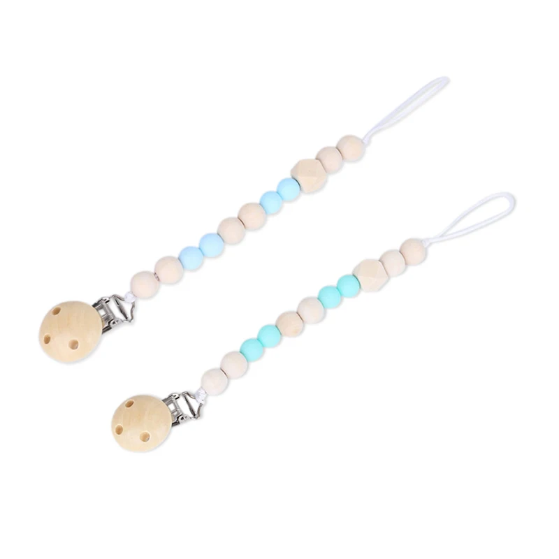

2 Pcs Baby Pacifier Clip Chain Wooden Beads Dummy Clip Safe Teething Chain Baby Teether Eco-Friendly Pacifier Clips Holder Chain
