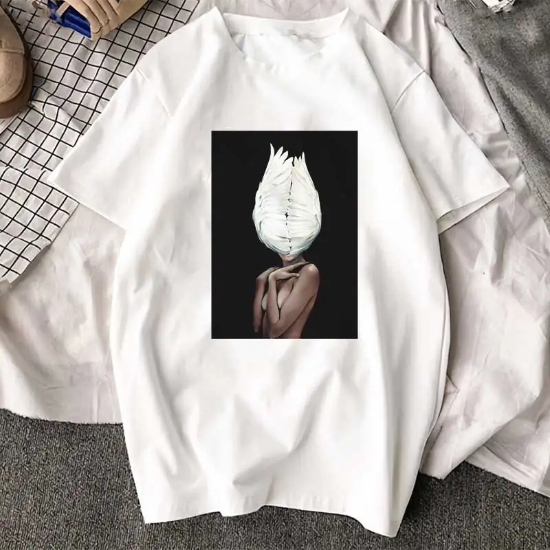 New Arrival Harajuku Aesthetics Tshirt Sexy Flowers Feather Print Short Sleeve Tops & Tees Fashion Casual Couple T Shirt