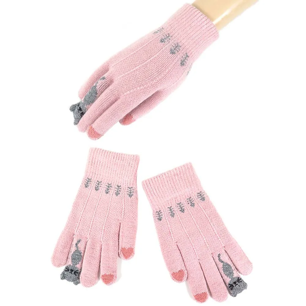 pink Теплые зимние вязаные перчатки на полный палец, варежки для женщин, милые Мультяшные Коты, сенсорные перчатки для экрана - Цвет: pink