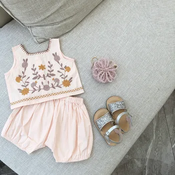 

2020 Hot Selling Baby Girls 2 PCS Set Embroidery Vest+Shorts Summer Kids Girls Suits 1-7 Years