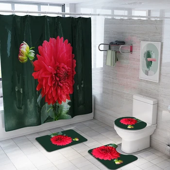 

Flower shower curtain floor mat bathroom mat set bathroom creative shower curtain Bathroom Screens Waterproof Polyester Fabric
