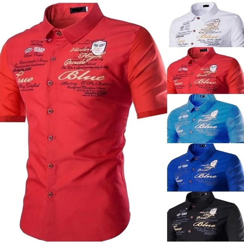 ZOGAA de los hombres de verano camisas pantalón corto Casual camisas de manga carta impresa giro-abajo Collar de vestido, camisas de hombre delgado-breasted camisas