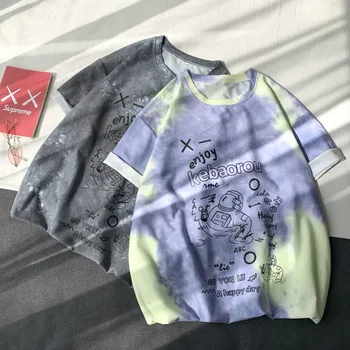 

Short-sleeved t-shirt Korean version tide 2020 summer new tie-dye printing style loose blue male tops Hot Free shipping Genuine