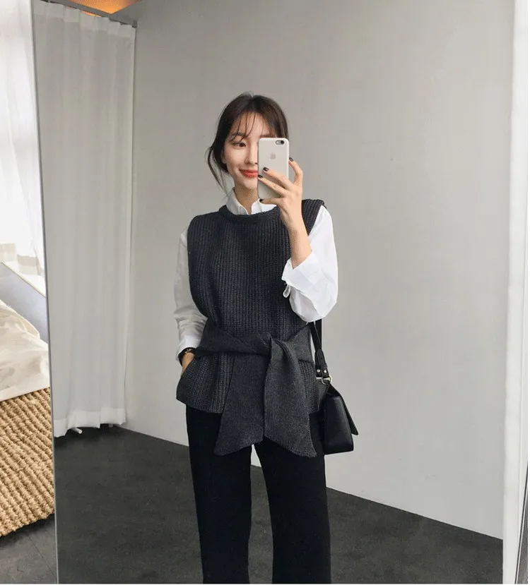 New Arrival Lace Up Sleeveless Pullover Women Knitted Sweater Solid Office Lady Vest Fashion Casual Female Sweaters Vest DS50856