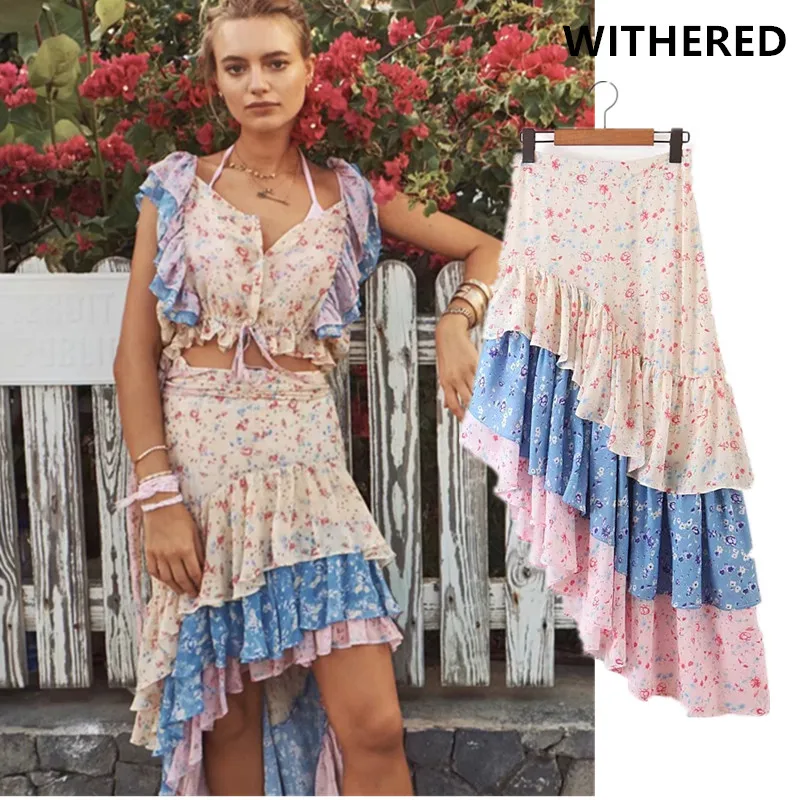 

Withered bohemian vintage blogger asymmetric chiffon mermaid midi Fishtail skirt women faldas mujer moda 2019 long skirts womens