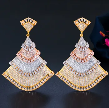 

71mm Super Luxury Big Statement Long Dangle Drop African Nigerian 3 Tone Gold CZ Wedding Earrings for Brides Party E0307