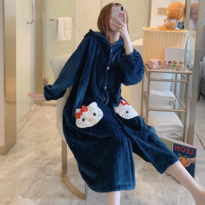 

Women's Robes Female Spring Autumn And Winter Coral Velvet Cute KT Cat Mid-length Nightgown Loose Thick Flannel Bathrobe Tracksu