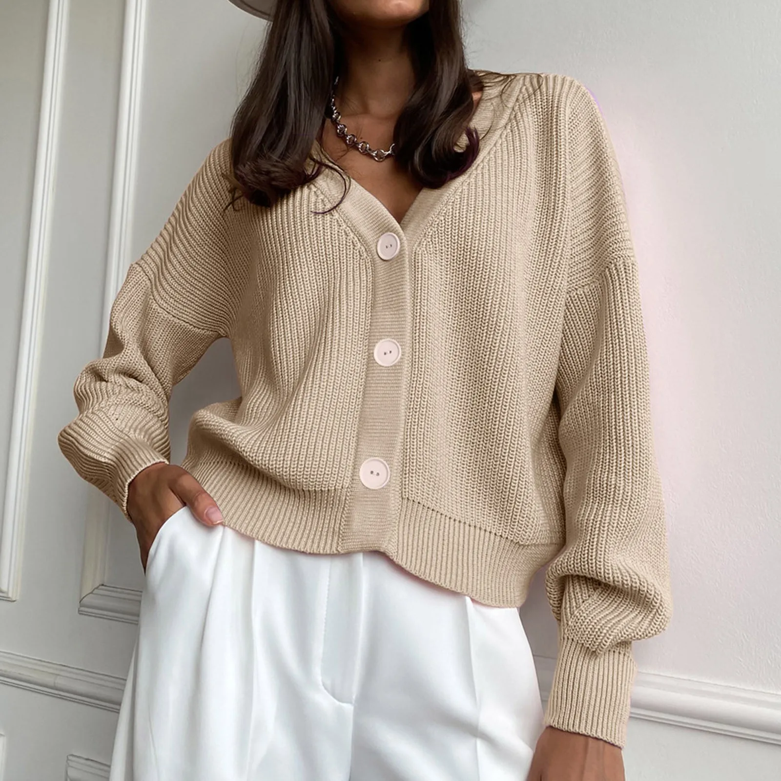2021 New Women Knitted Cardigans Sweater Fashion Autumn Long Sleeve Loose Coat Casual Button V Neck Solid Color Female Tops #4 2