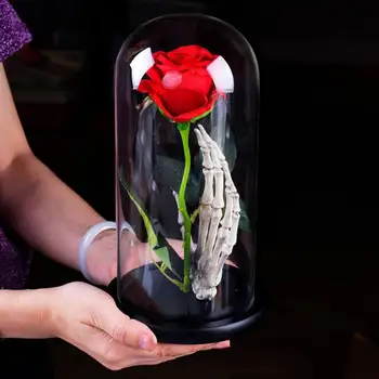 

Romantic Figurine Artificial Rose with Lampshade Valentine's Day Wedding Rose Gifts with Skeleton Hand Wooden Base Home