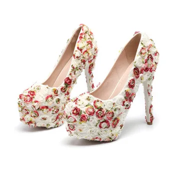 

2019 HOT Rose Flower Lace Wedding Shoes High Heel 14CM Platform Bridal Shoes Princess Pumps Platform Shoes Women Bridal Pumps
