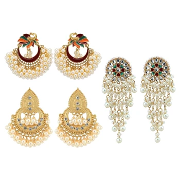 

3 Pairs Bollywood Ethnic Bridal Bride Kundan Earrings Peacock Pearls Jhumka Jhumki Indian Drop Earrings Fashion Jewelry