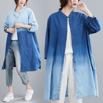 

COIGARSAM Casual Loose Shirt Womens tops Spring Women shirts Deep Under Dark Blue With 1099