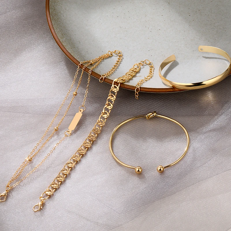 4 Pcs/Set Punk Gold Layered Chain Cuban Bracelets For Women Knot Cuff Bangles - Image 3