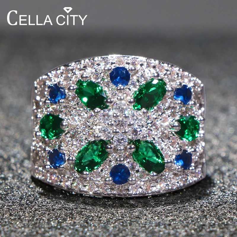 Cellacity Luxury Fine Jewelry Silver 925 Ring for Women Colorful Gemstones Exaggerated Gorgeous Design Flower Emerald Sapphire Cellacity Luxury Fine Jewelry Silver 925 Ring for Women Colorful Gemstones Exaggerated Gorgeous Design Flower Emerald Sapphire