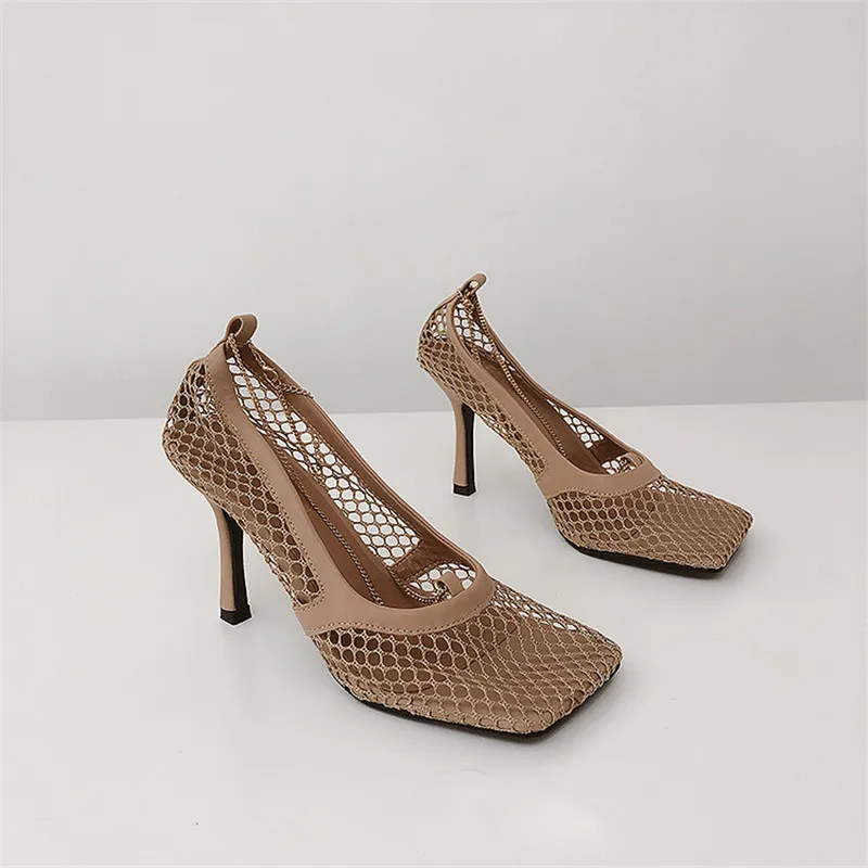 Summer New Mesh Hollow Women Pumps Square Toe Metal Chain Stiletto Heel Shoes Woman Sexy Slip On Ladies High Heels Shoes Sandals (18)