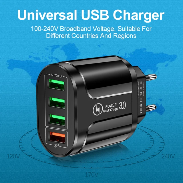 Chargeur USB rapide 4 ports EU US QC 3.0 48W, adaptateur mural de charge rapide pour iPhone 12 11 Samsung Xiaomi, adaptateur de voyage 4