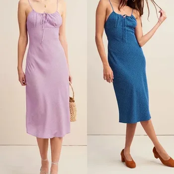 

2020 New Summer Women Sling Midi Dress Lace-up Drawstring Collar Lady Slim Sleeveless Adjustment Sundress Dot Print Long Dresses