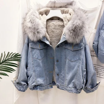 

Velvet Thick Denim Jacket Female 2019 New Winter Big Fur Collar Korean Locomotive Lamb Coat Women Student Short Cowboy Coat