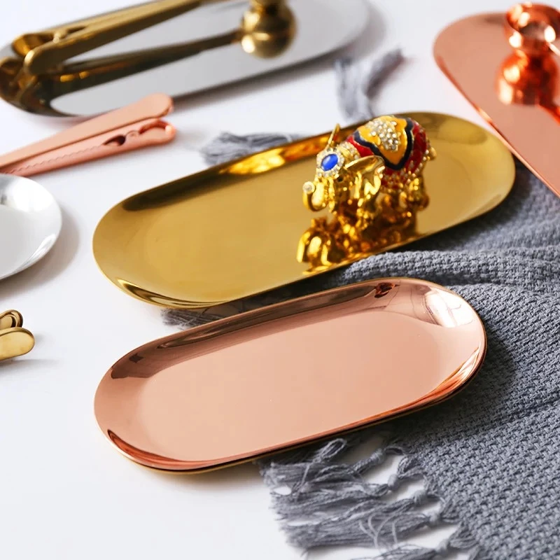 

Rose Gold Metal Storage Tray Jewelry Display Tray Nordic Luxurious Brass Gold Silver Oval Plate Iron Home Decorative Fruit Plate