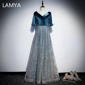 

LAMYA Velour Half Sleeve Evening Party Dress Sexy V Neck Formal Dresses 2020 High Quality A Line Evening Gowns Robe De Soiree