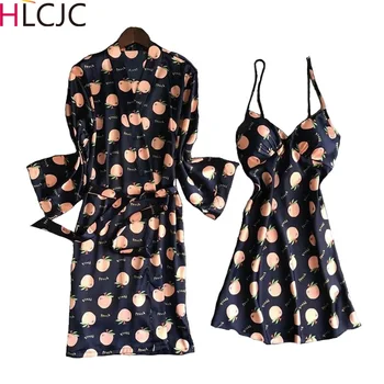 

Latest Silk Satin Women Robe & Gown Sets 2020 Summer 2 Pcs Sleep Dress+Robe Sleepwear Sexy Night Gown Nightdress Home Wear Femme